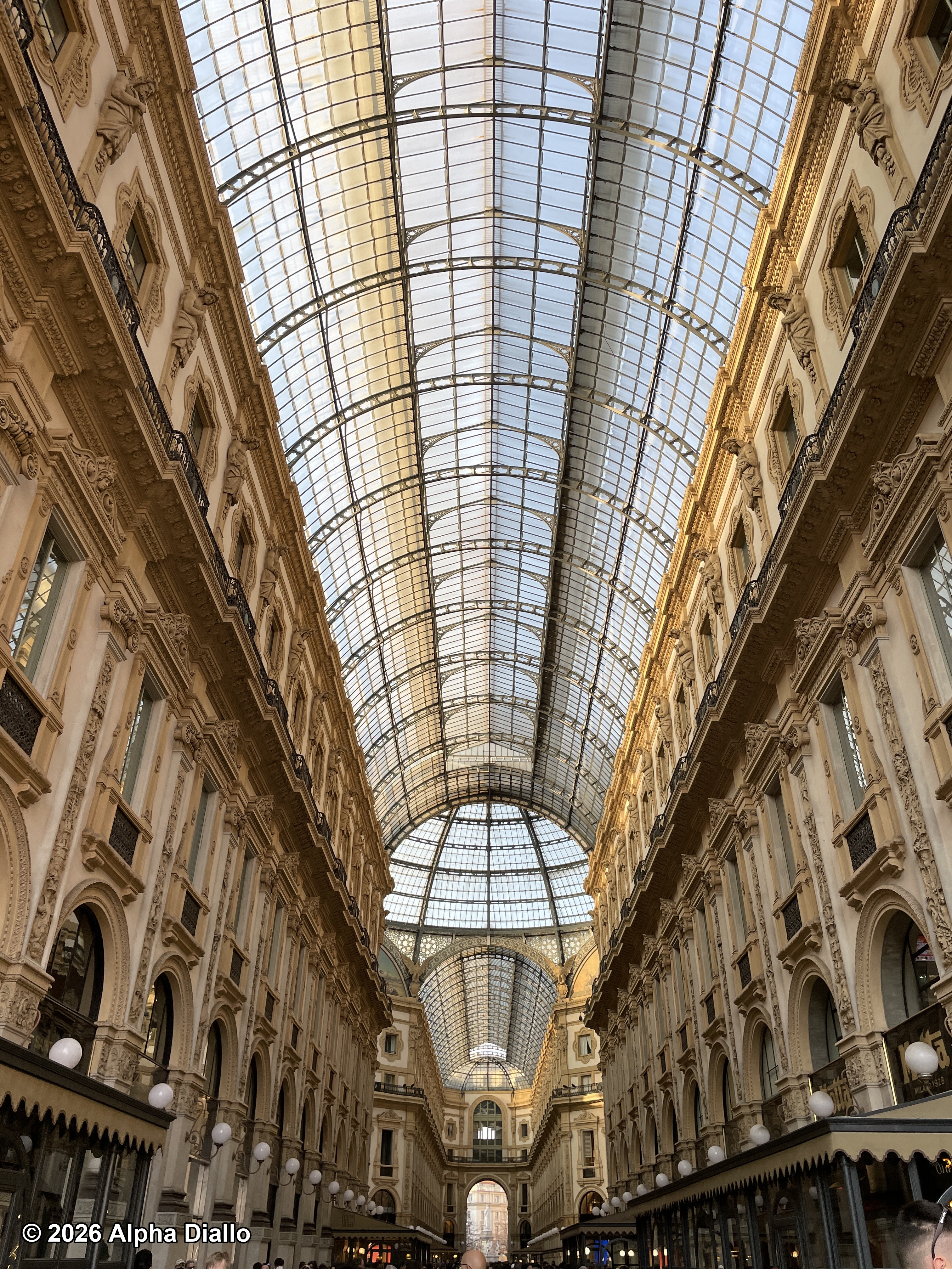 Une autre photo du toit de la Galleria Vittorio Emanuele II à Milan. On admire mieux la beauté de ce bâtiment en levant les yeux au ciel